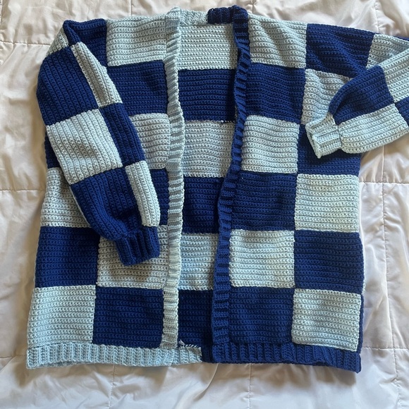 Handmade Sweaters - Handmade Crochet Checkered Cardigan M-L